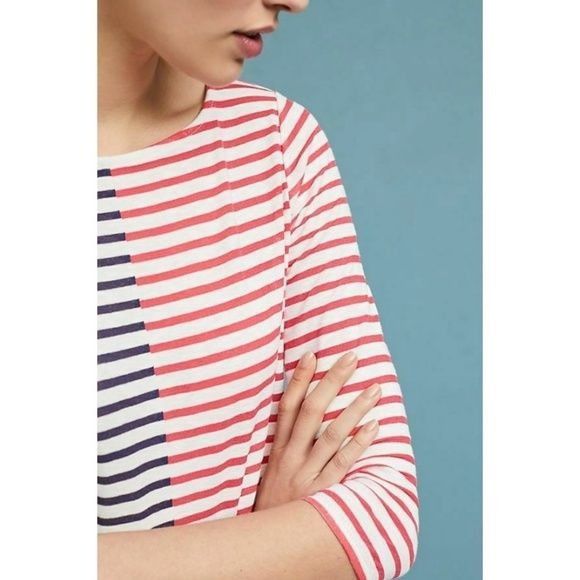 Anthropologie Anthropologie Blocked Striped Boat Neck Top Red & Blue 3/4 S Size XS / US 0-2 / IT 36-38 - 2 Thumbnail