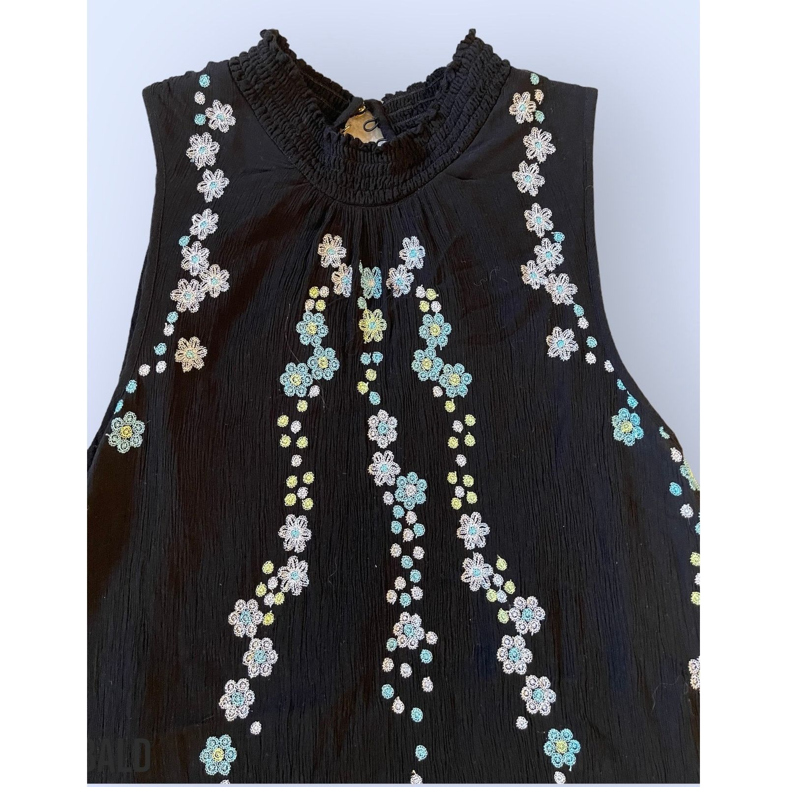 Unknown London KAARI Blue Sleeveless Black Floral Blouse Embroidery size L Size L / US 10 / IT 46 - 2 Thumbnail