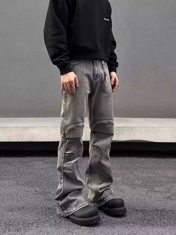 Japanese Brand × Jean Y2K Streetwear Vintage Grey Pleated Flare Jeans Size US 33 - 2 Thumbnail