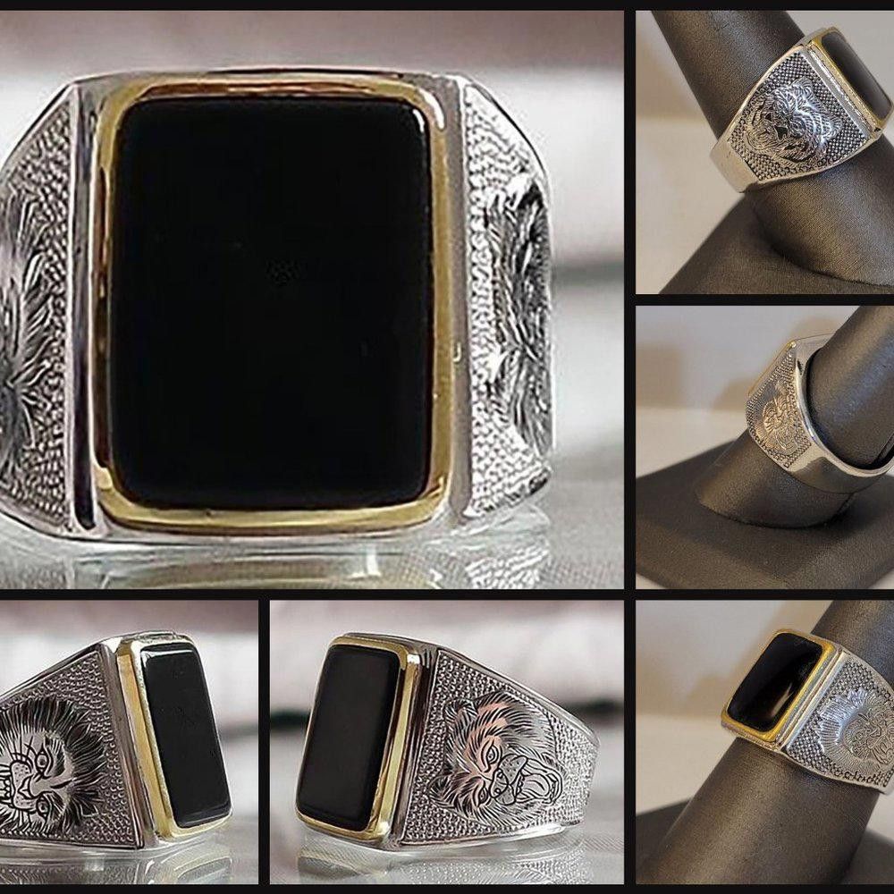 Designer Men's Retro Lion Black Square Onyx Silver Ring - Size 9 Size ONE SIZE - 9 Thumbnail
