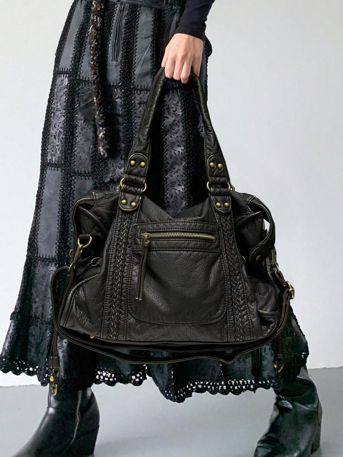 Leather Black Braided Leather Shoulder Bag, Large Handbag Size ONE SIZE - 6 Thumbnail