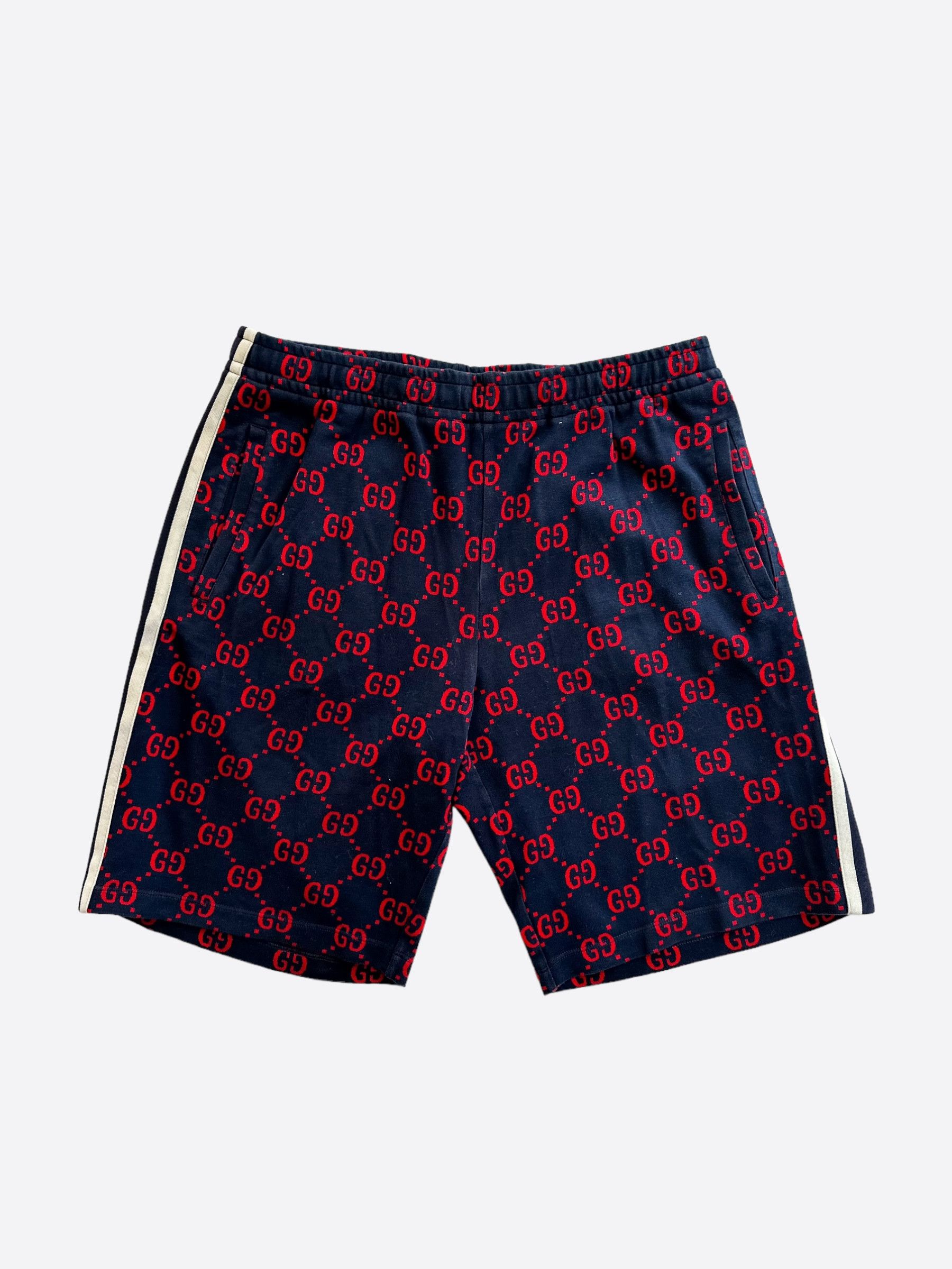 image of Gucci Navy & Red GG Monogram Jacquard Shorts, Men's (Size 36)