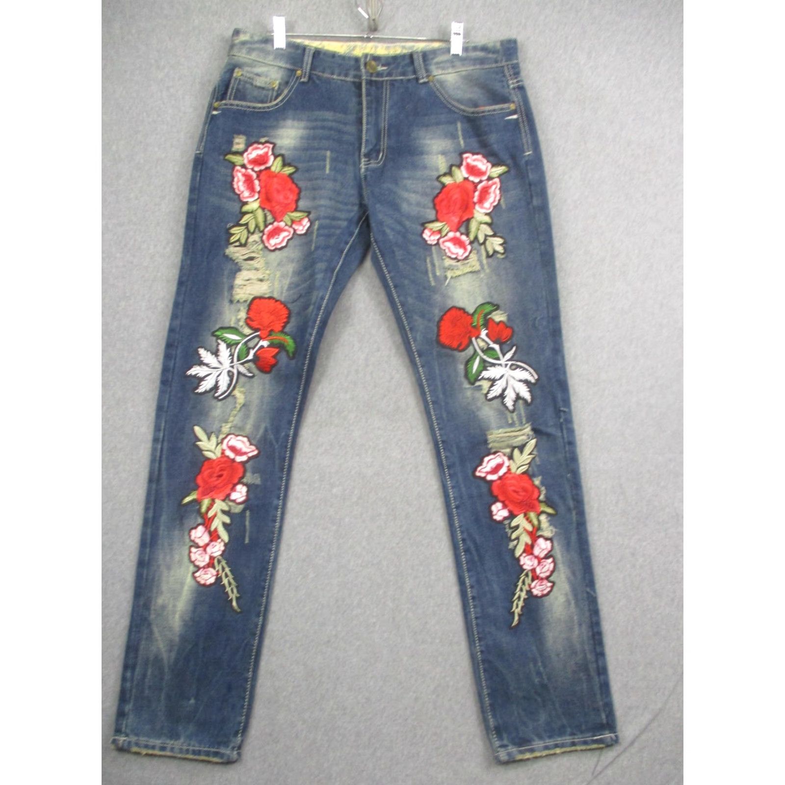 Vintage SOSOO Jeans Mens 36x32 Blue Rose Floral Embroidered Straight Leg Denim Jeans Size US 36 / EU 52 - 2 Thumbnail