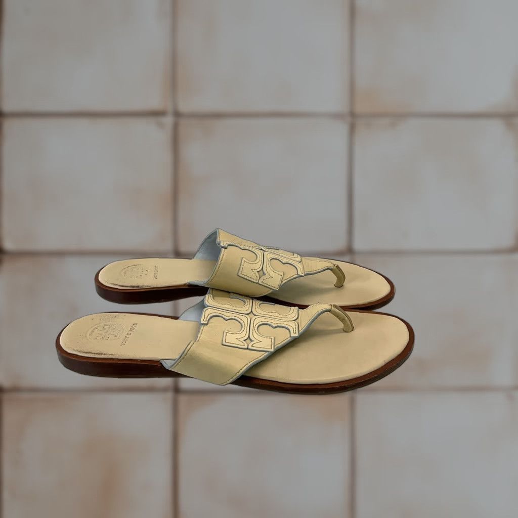 Tory Burch Beige Leather Double T Flat Thong Sandals Women Size 8M
