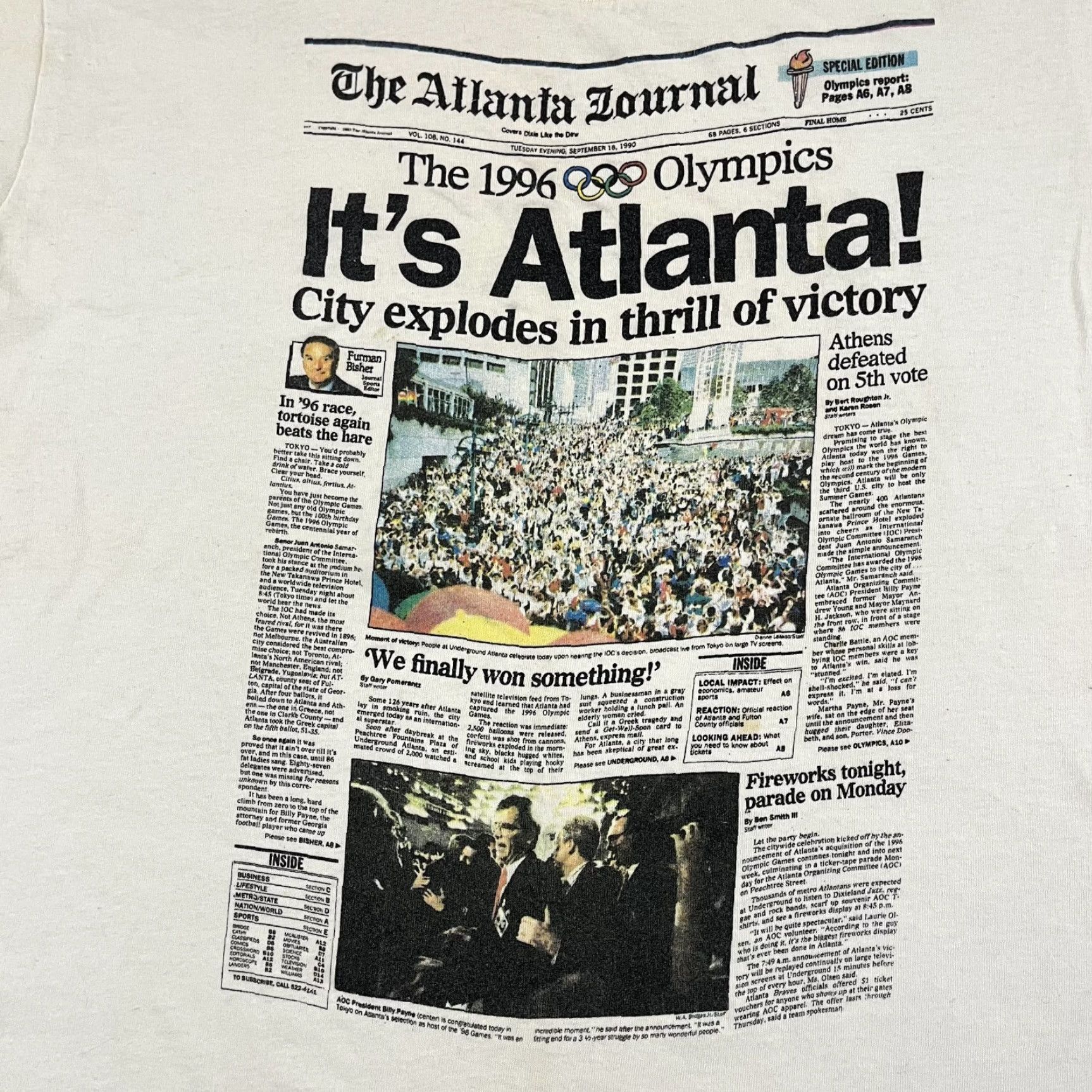 Vintage VTG 1996 Olympic Games Atlanta Shirt Mens Large Newspaper Graphic Stedman USA White Short Sleeve Crew Neck Logo USA 1996 Mens Large Size US L / EU 52-54 / 3 - 2 Thumbnail