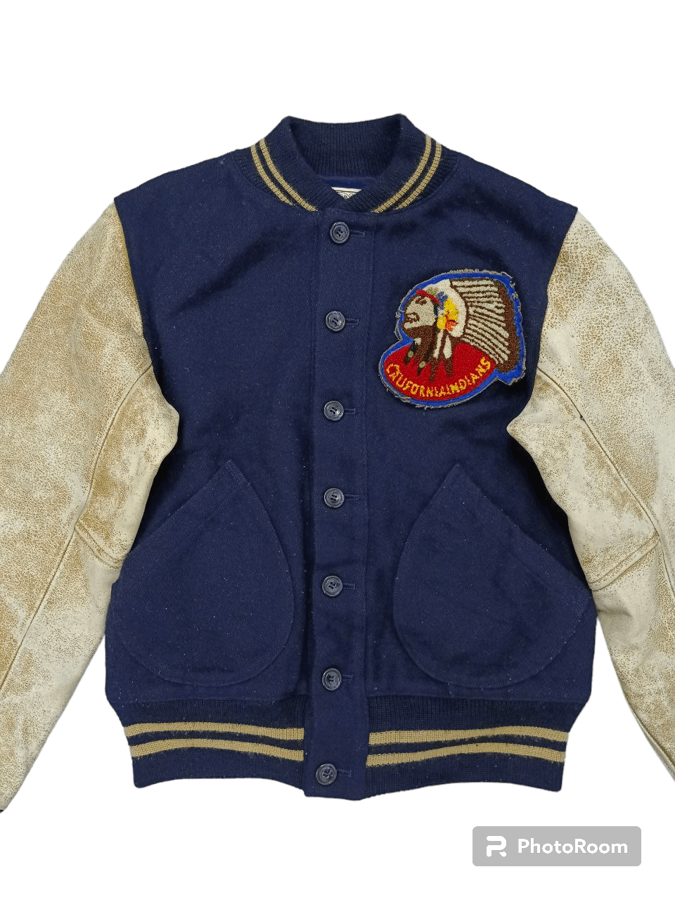 image of Indian Motercycles x Varsity Jacket Vintage Sick Modifying Engineer Varsity Jacket in Navy Blue (Si