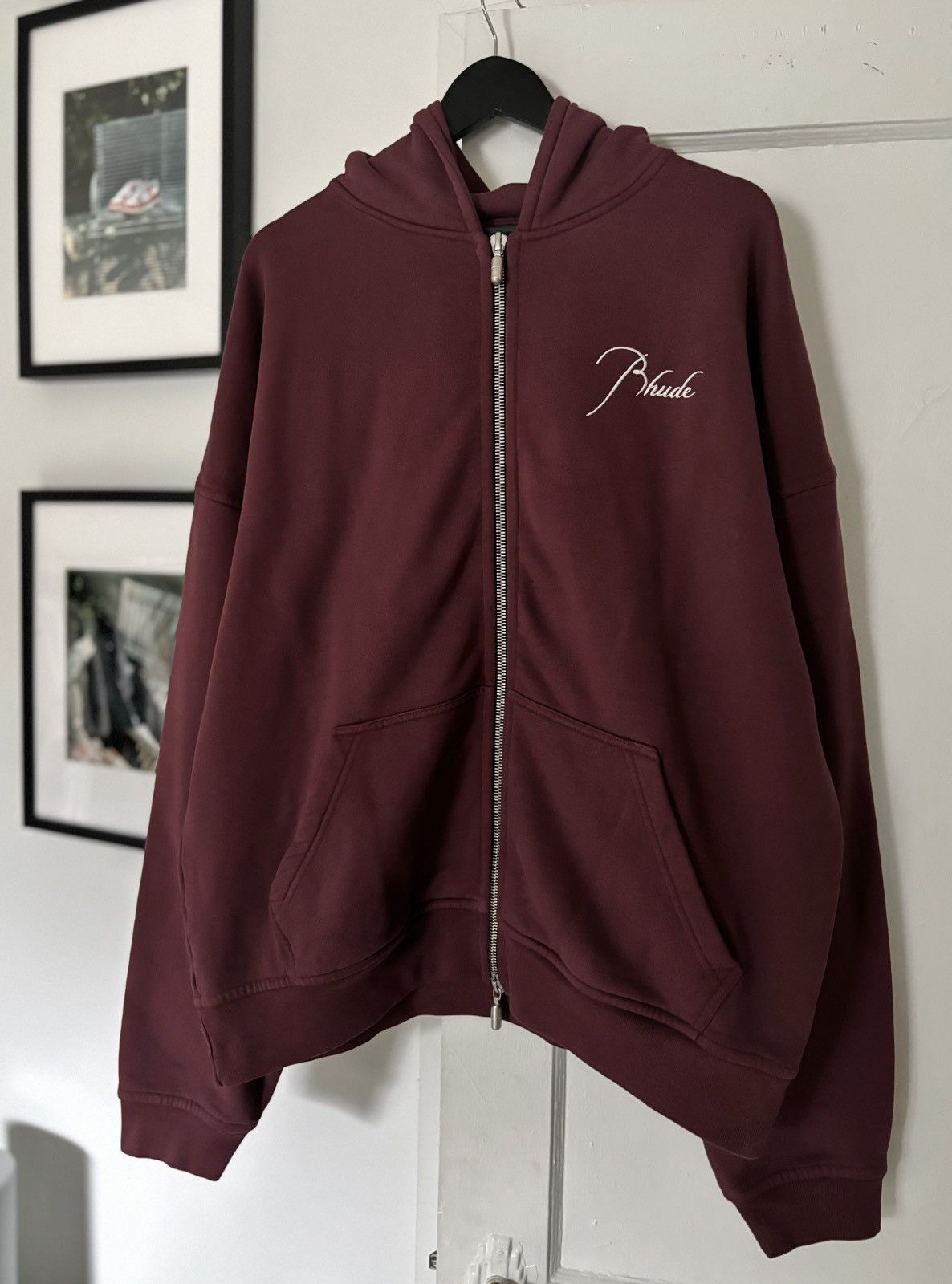 image of Rhude Script Embroidered Pill Hoodie in Burgandy, Men's (Size XL)