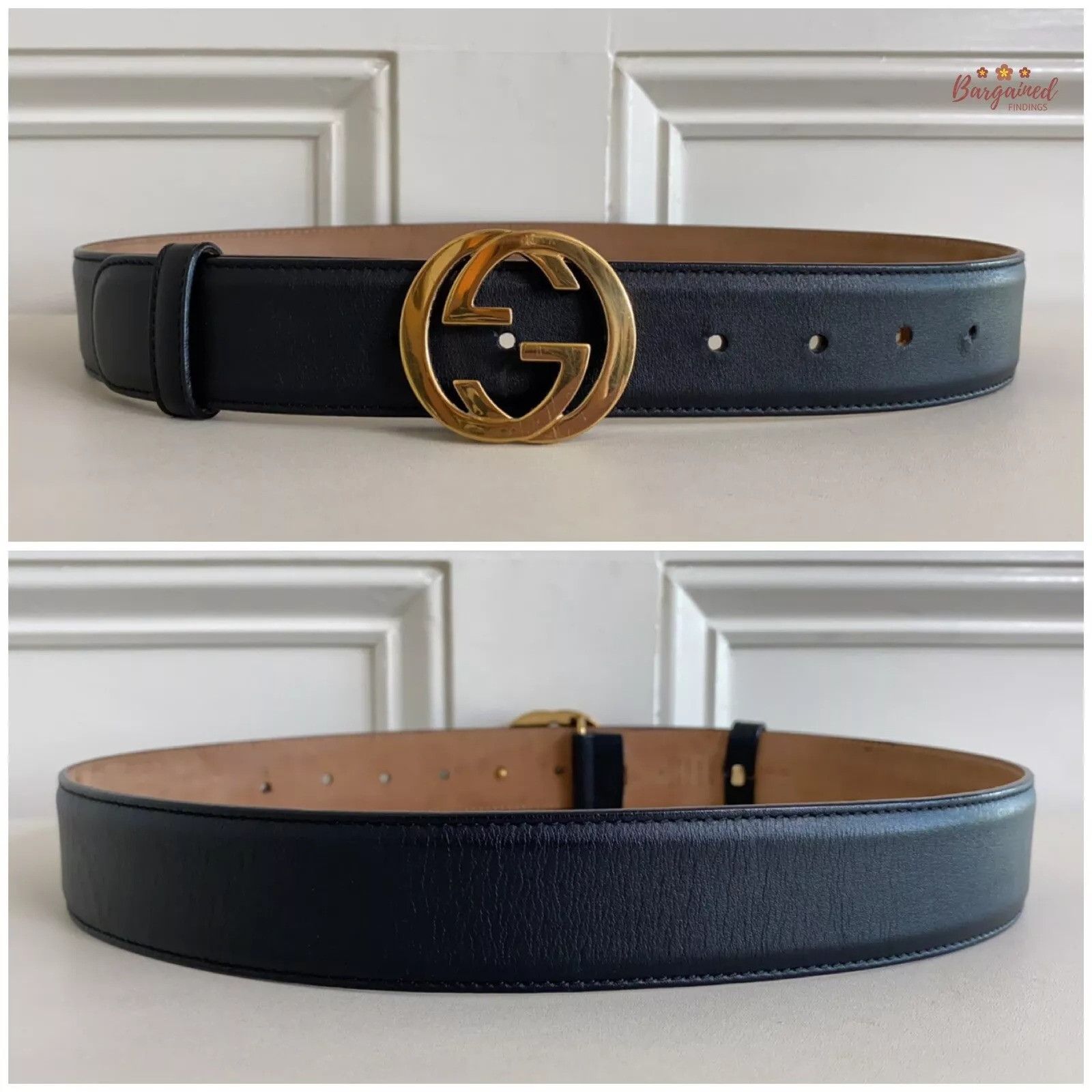 Gucci Gucci Black Calfskin Leather Gold Interlocking G Buckle Belt Size 28 - 6 Thumbnail