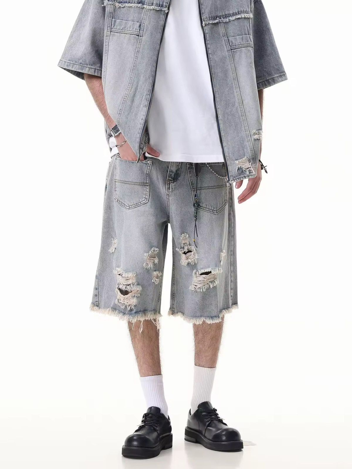 Japanese Brand Destroy Distressed Washed Loose Vintage Retro Shorts Size US 30 / EU 46 - 2 Thumbnail