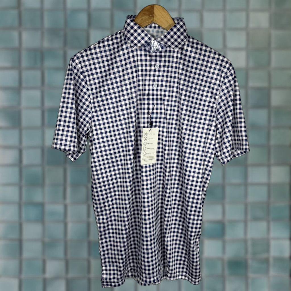 CO Collars & Co Dress Collar Polo Shirt S Navy Gingham Stretch Golf Button Down Short Sleeve Men Regular 100% Polyester Blue Size 36R - 1 Thumbnail