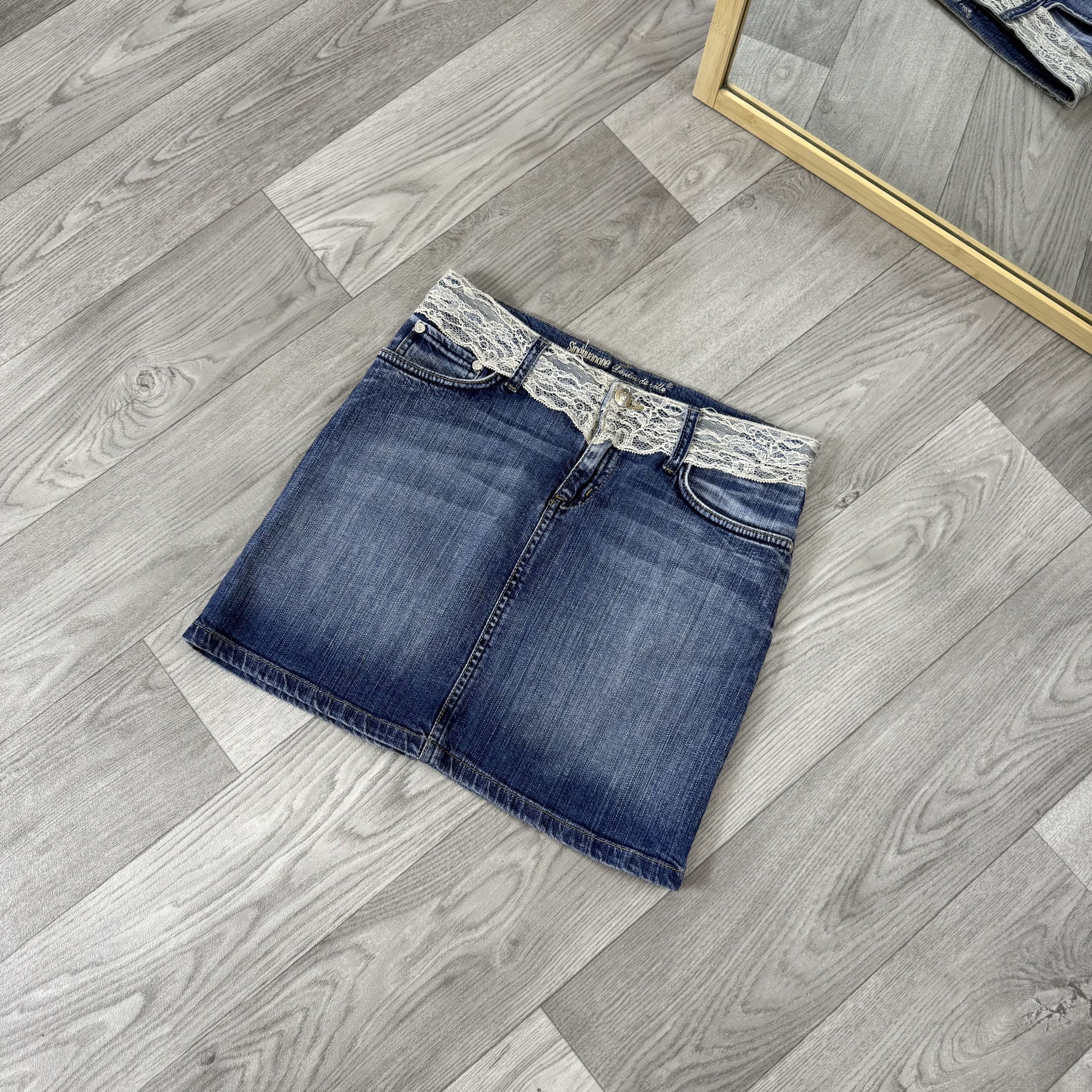 Vintage Vintage Y2K Avantgarde Blue Denim Lace Mini Skirt Low Rise Size 26" / US 2 / IT 38 - 5 Thumbnail