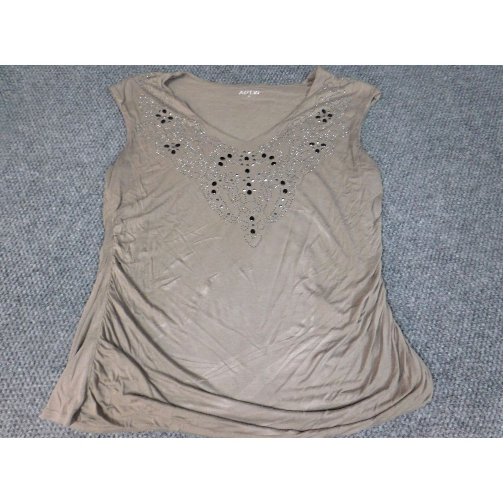 Apt. 9 Apt 9 Blouse Womens XL Beige Cap Sleeve Crew Neck Pullover Cotton Modal Rayon Stretch Regular Button Casual Size XL / US 12-14 / IT 48-50 - 2 Thumbnail
