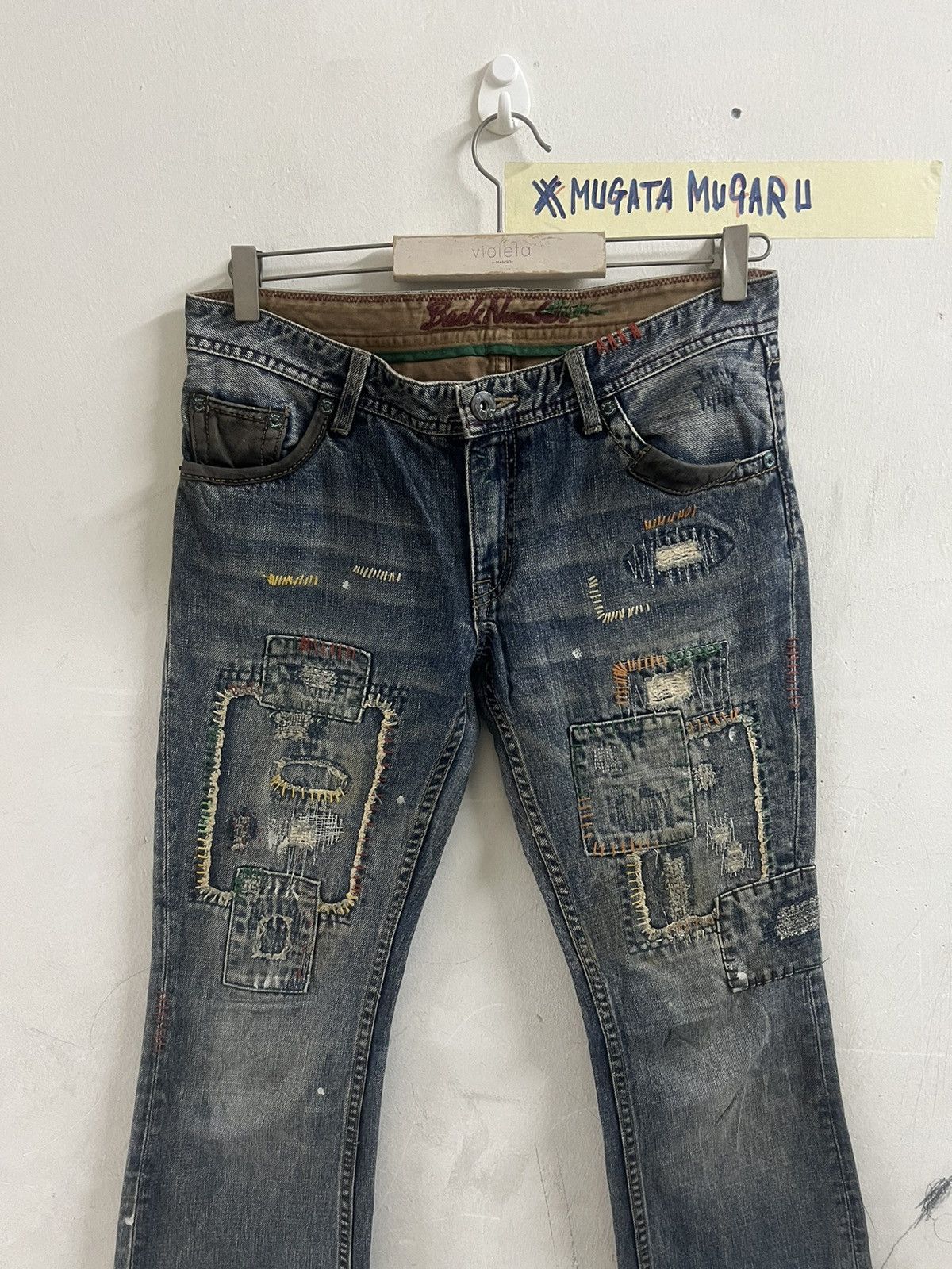 Japanese Brand × Vintage FLARED🔥BACK NUMBER PATCHWORK DISTRESSED DENIM PANT Size US 31 - 2 Thumbnail