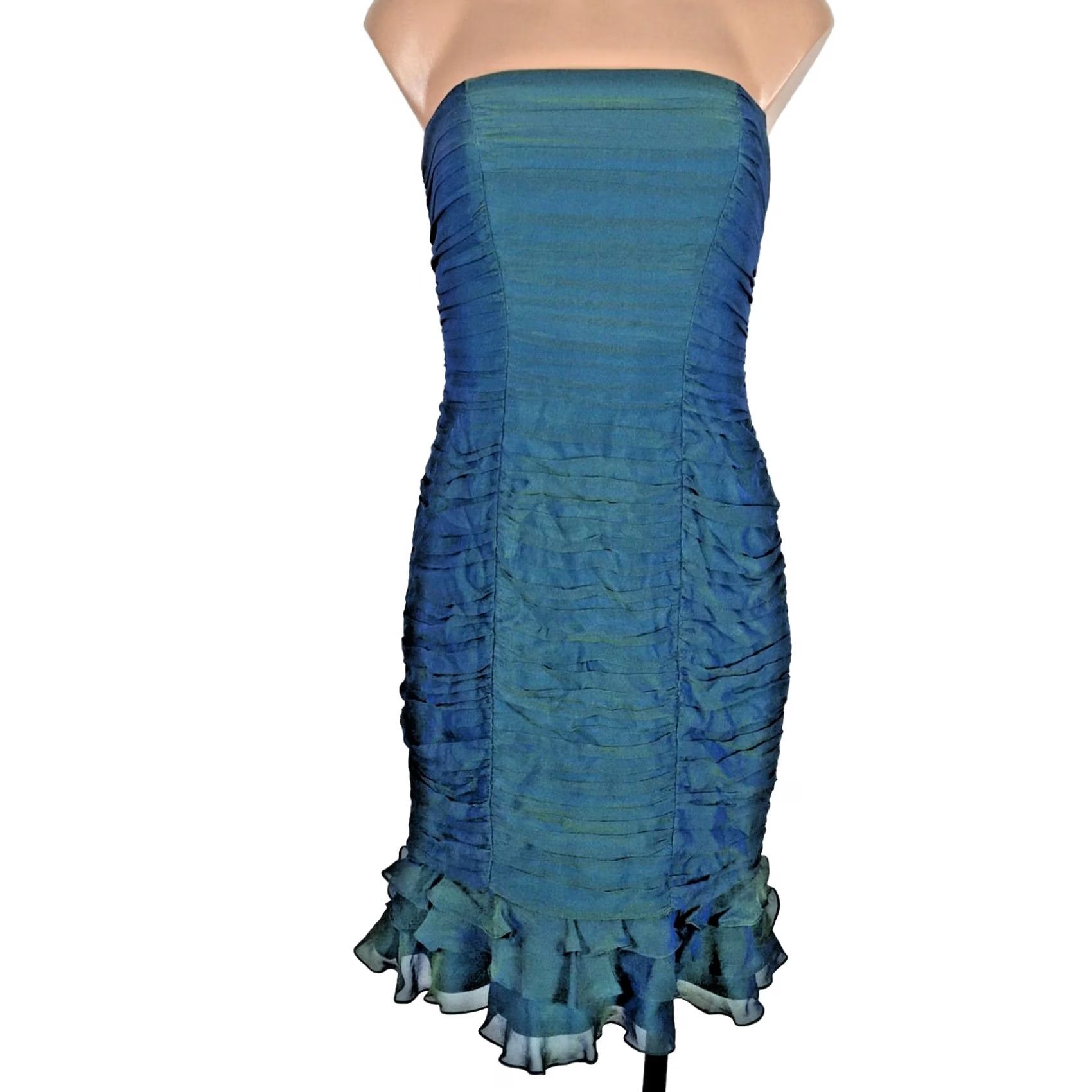 Tadashi Shoji VINTAGE TADASHI COLLECTION 100% SILK Mermaid DRESS 4 Sweetheart Ruched Ruffle Green Blue Womens Size S / US 4 / IT 40 - 2 Thumbnail