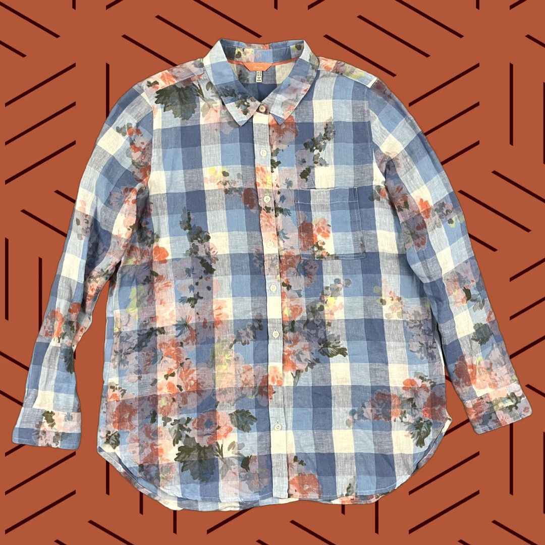 Vintage Joules Button Up Shirt Womens UK 14 / US 10 Blue Plaid Floral Jeanne Linen Boho Shirt Size XL / US 12-14 / IT 48-50 - 1 Thumbnail