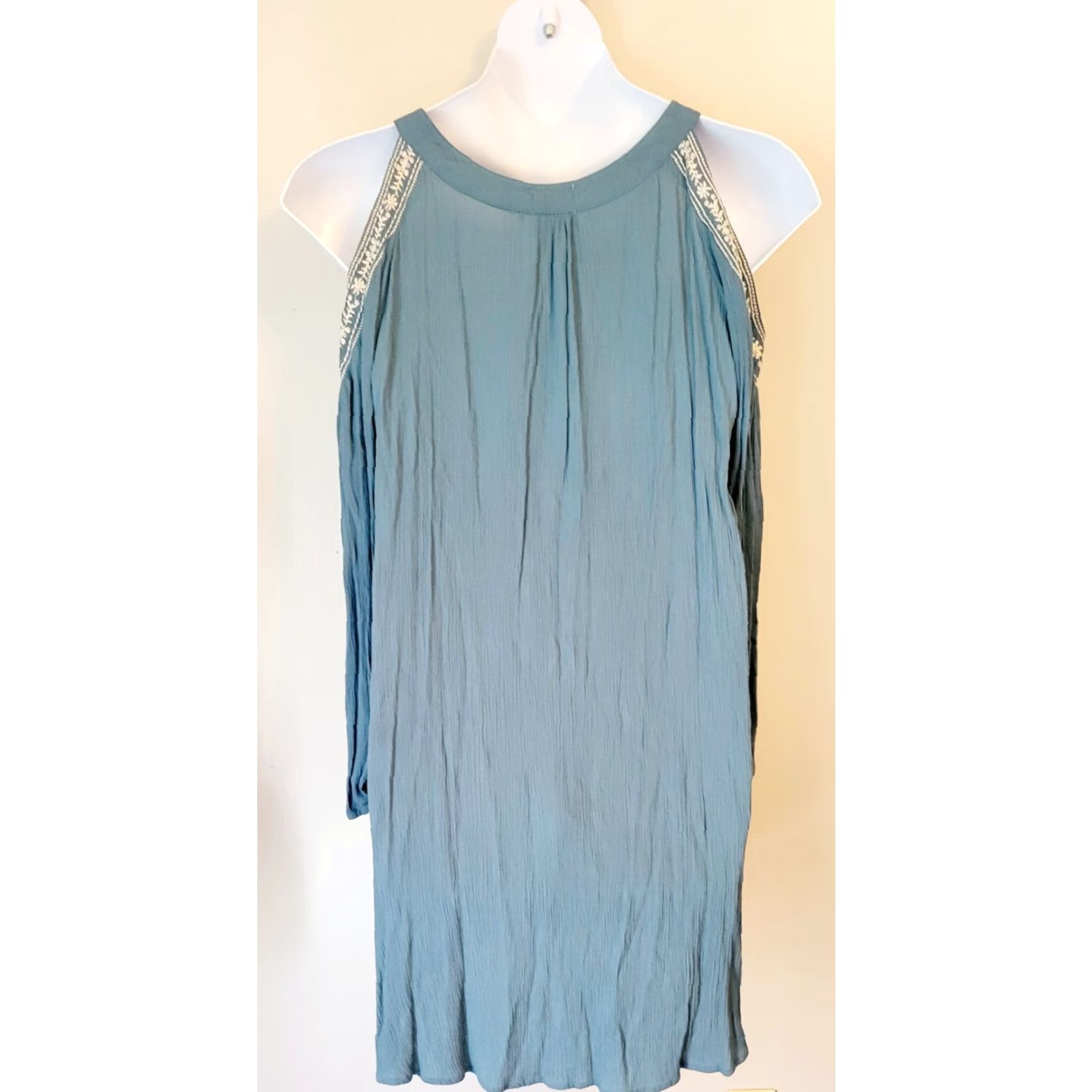 Vintage Time & Tru Dress Faded Teal Crinkle Cold Shoulder Embroidered Knee Length Boho L Women's Shirt? Size L / US 10 / IT 46 - 4 Thumbnail