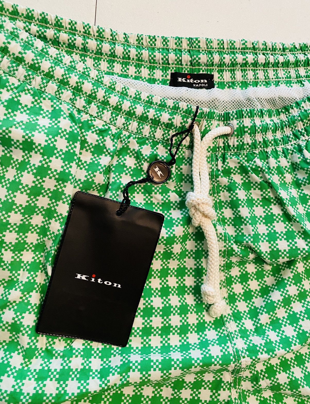 Kiton Kiton 🇮🇹 Green Gingham Check Logo Resort Swim Shorts Lg NWT Size US 36 / EU 52 - 3 Thumbnail