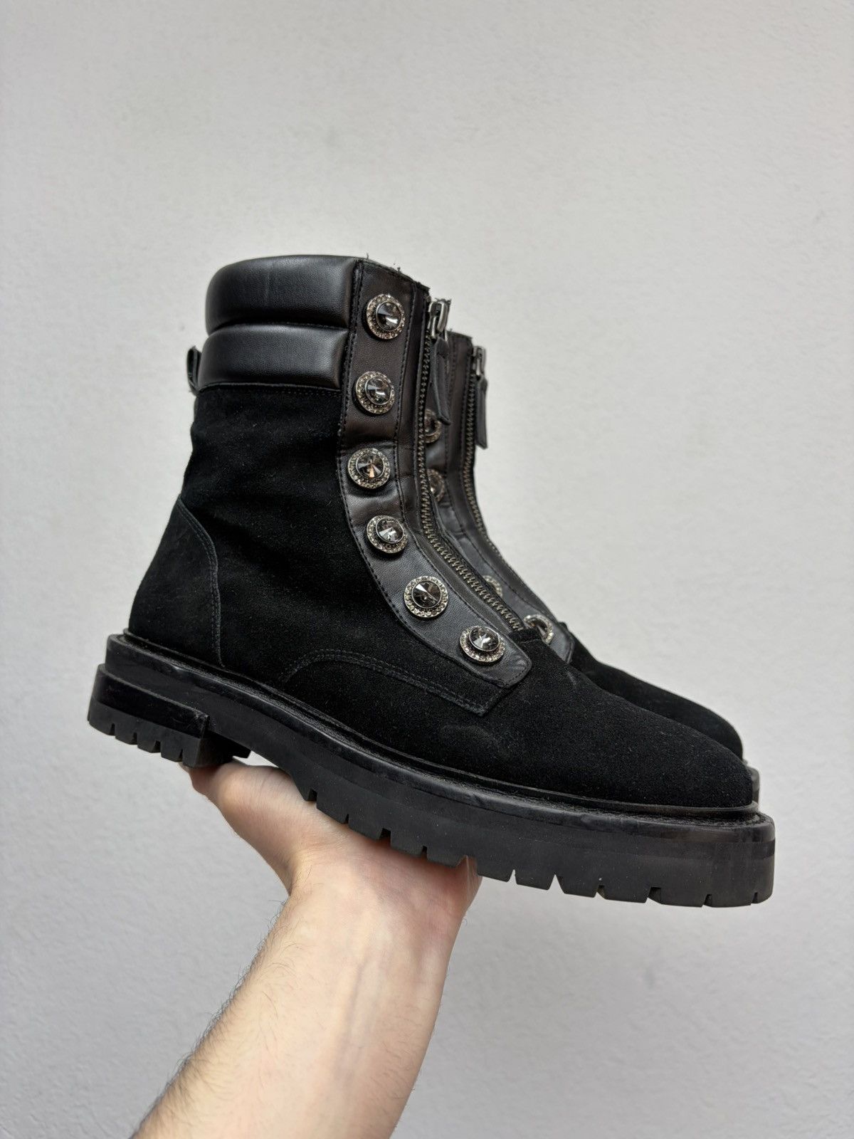 If Six Was Nine Balmain Rick Owens Style Crystal Zip Combat Boots Punk Goth Size US 7.5 / EU 40-41 - 2 Thumbnail