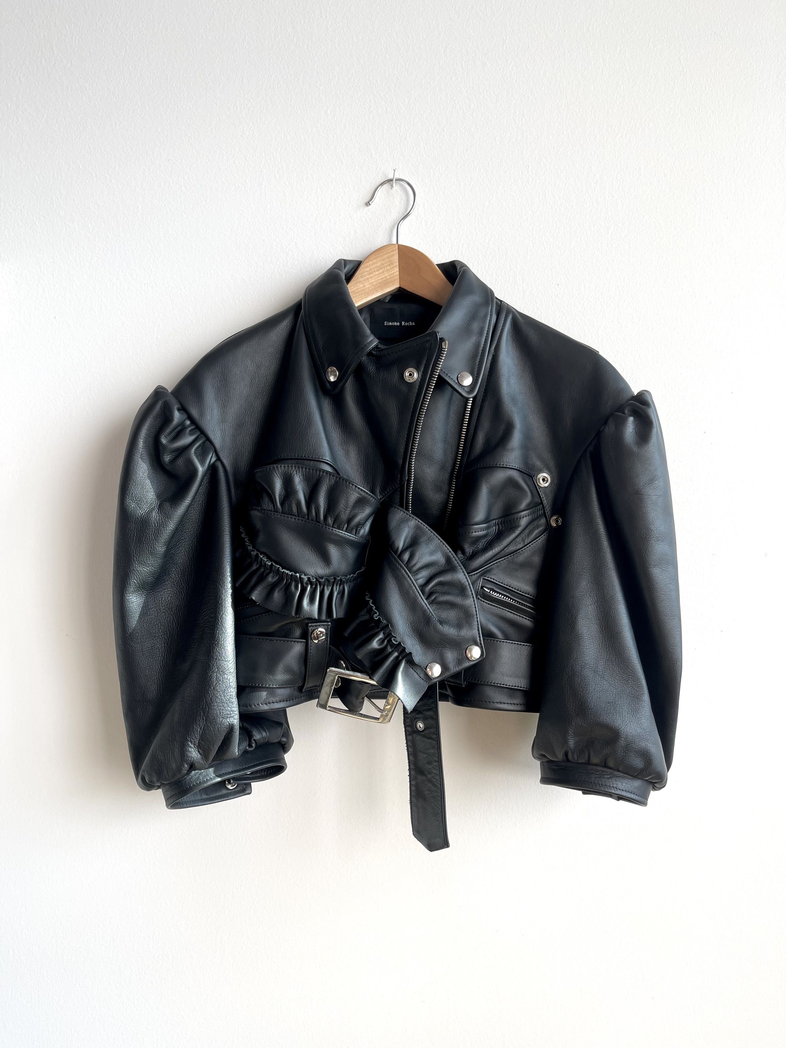 image of Simone Rocha Cropped Ruffled Leather Biker Jacket in Black, Women's (Size Small)