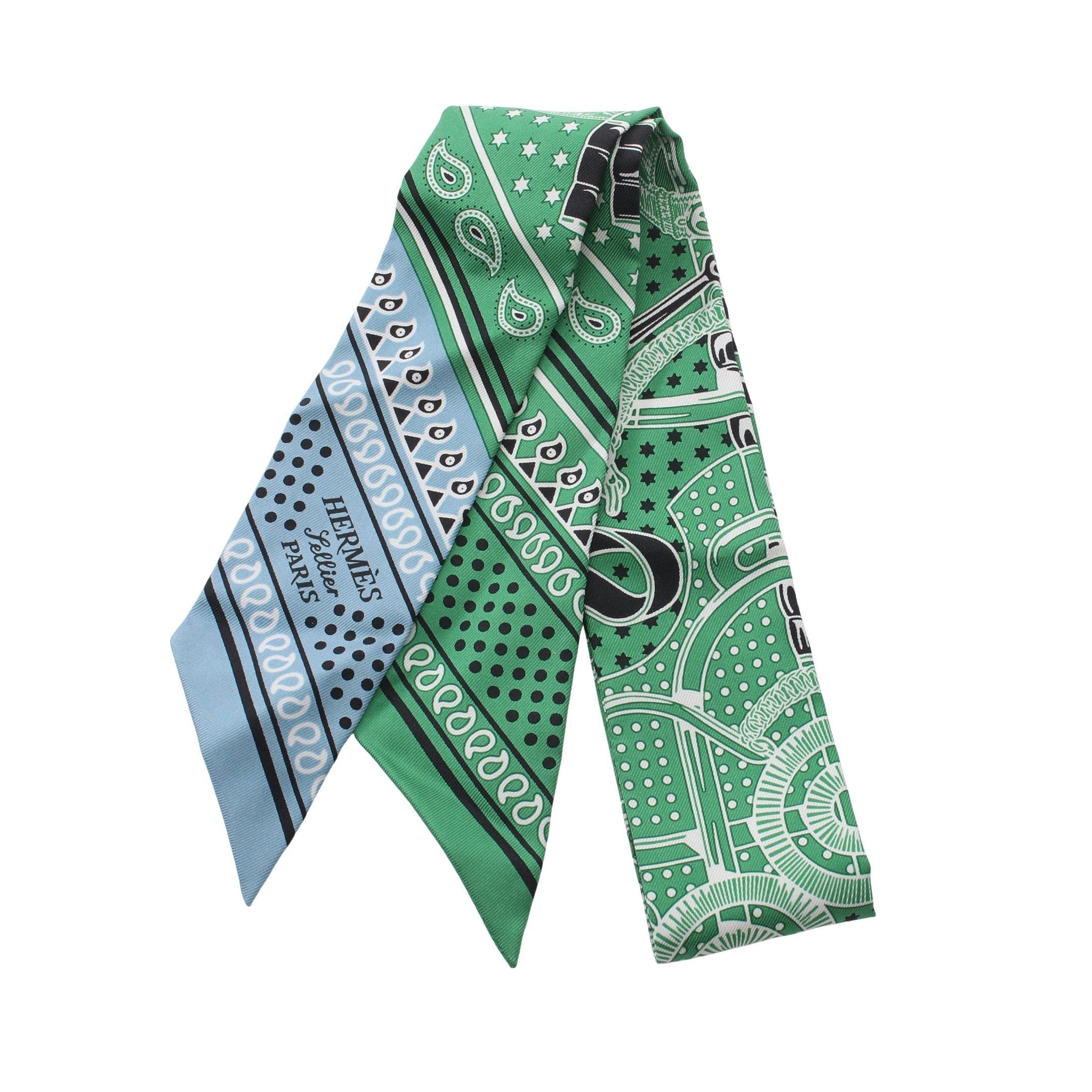 Hermes Hermes Twilly Eperon Bandana Ribbon Scarf Silk Green Light Blue Multicolor Size ONE SIZE - 1 Thumbnail