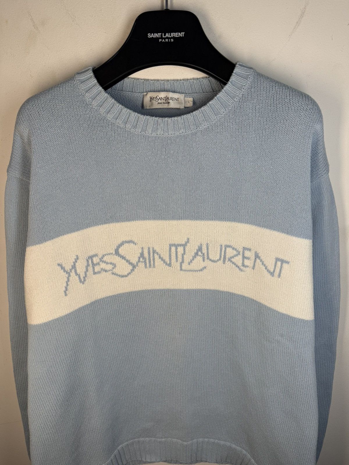Yves Saint Laurent Blue YSL Sweater Knit Big Logo Vintage Paris Sweatshirt Rare Size US L / EU 52-54 / 3 - 18 Thumbnail