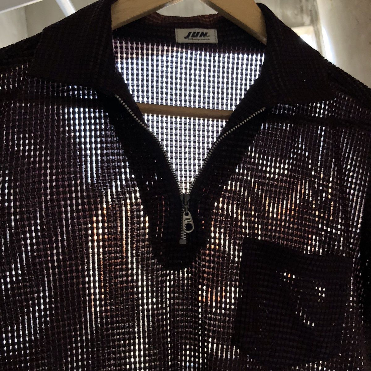 Japanese Brand Vintage 80s Jun Men Woven Transparent Mesh Half Zip Shirt Size US M / EU 48-50 / 2 - 2 Thumbnail