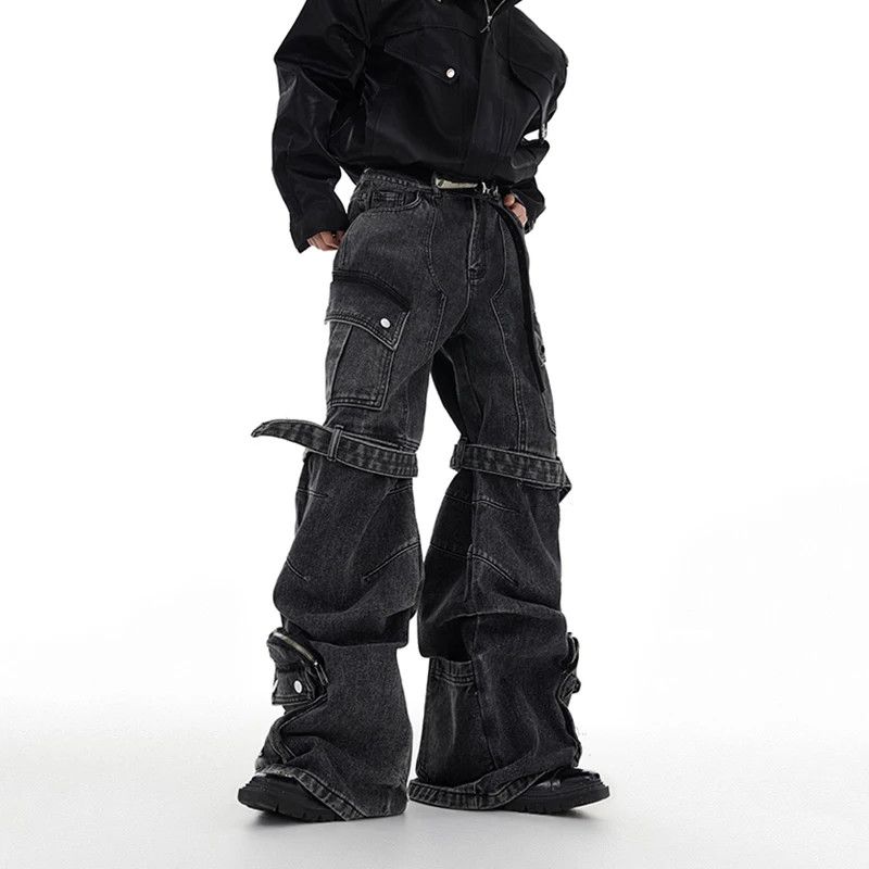 image of Avant Garde Baggy Jeans Washed Multi Pocket Jean Strap Design in Black, Men's (Size 30)