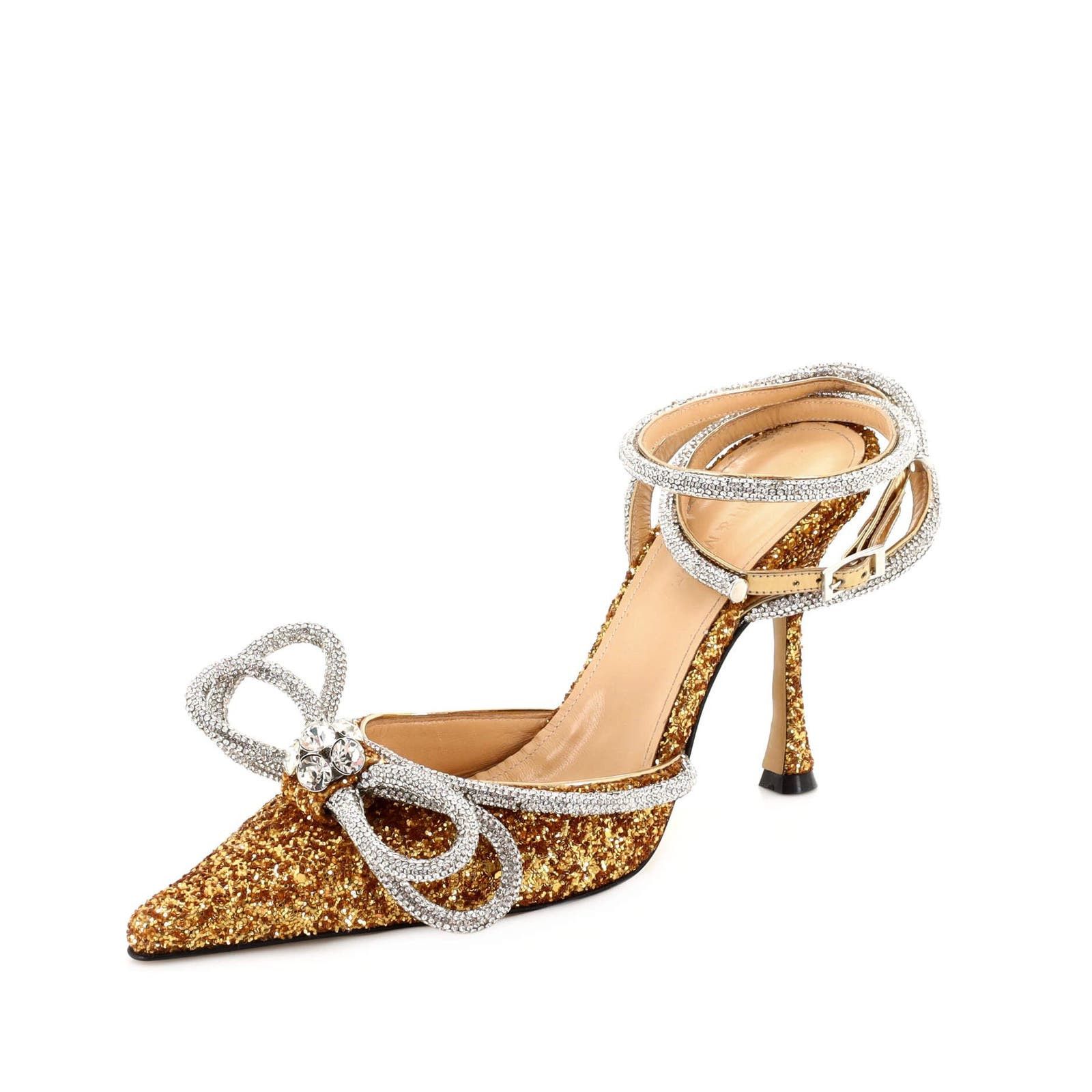image of Mach&mach Women's Double Bow Ankle Strap Pumps Glitter None Shoes in Gold (Size 10)