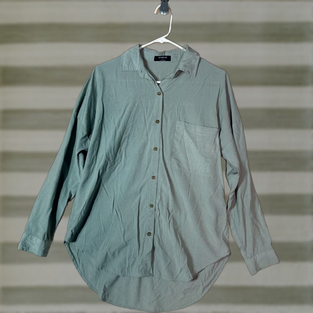 The Work Shop Button Down Work Shirt S Light Green Mens Size Small Casual Cotton Pockets Button-Up Long Sleeve