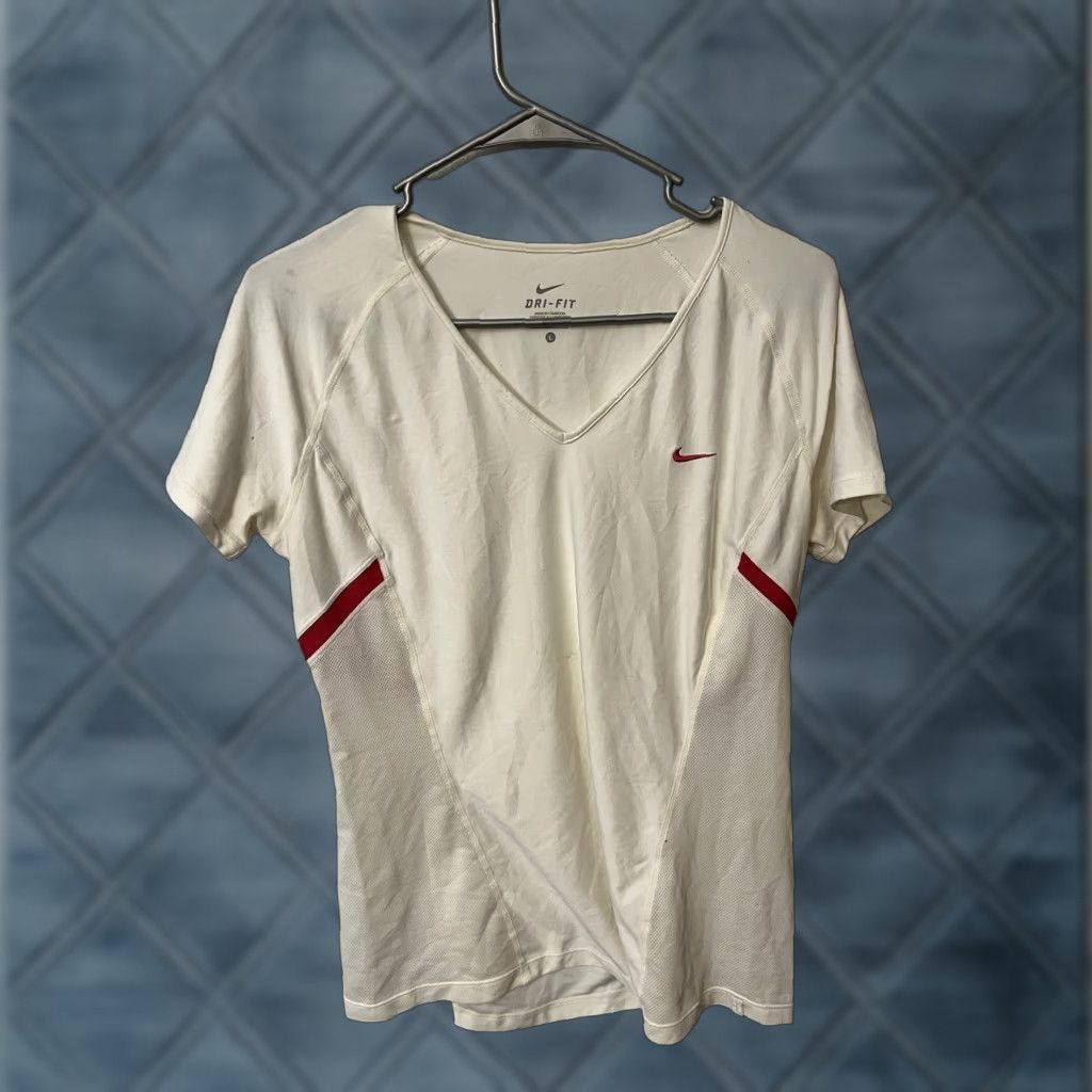 Nike Nike Dri-Fit T Shirt Womens L White With Pink Accents V Neck Short Sleeve Size L / US 10 / IT 46 - 1 Thumbnail