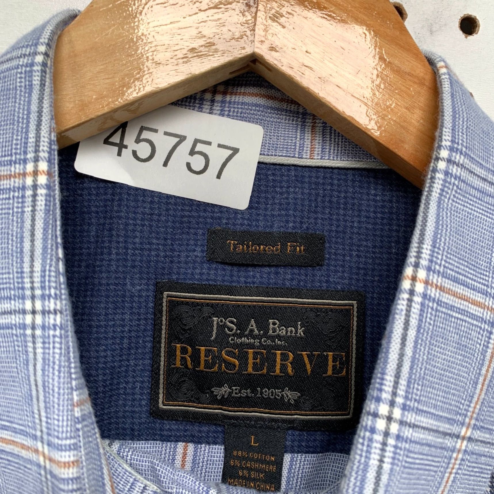 Jos. A. Bank Jos A Bank Button Shirt Mens Large Blue Tailored Fit Plaid Cashmere Silk Blend Size US L / EU 52-54 / 3 - 5 Thumbnail