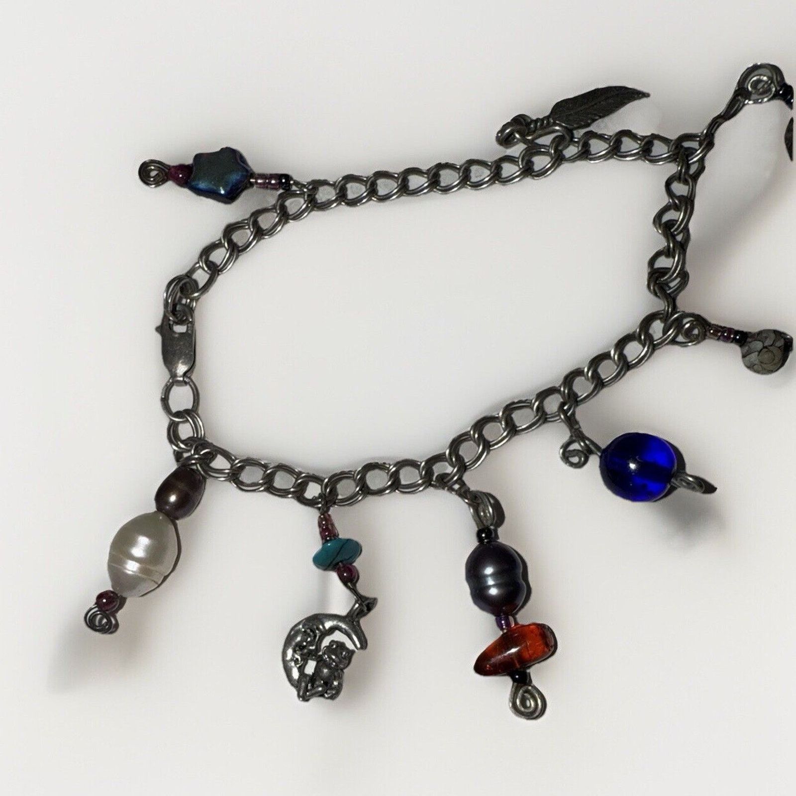 Sterling Silver Signed 925 Sterling Silver Charm & Beaded Bracelet 6.75” Size ONE SIZE - 8 Thumbnail