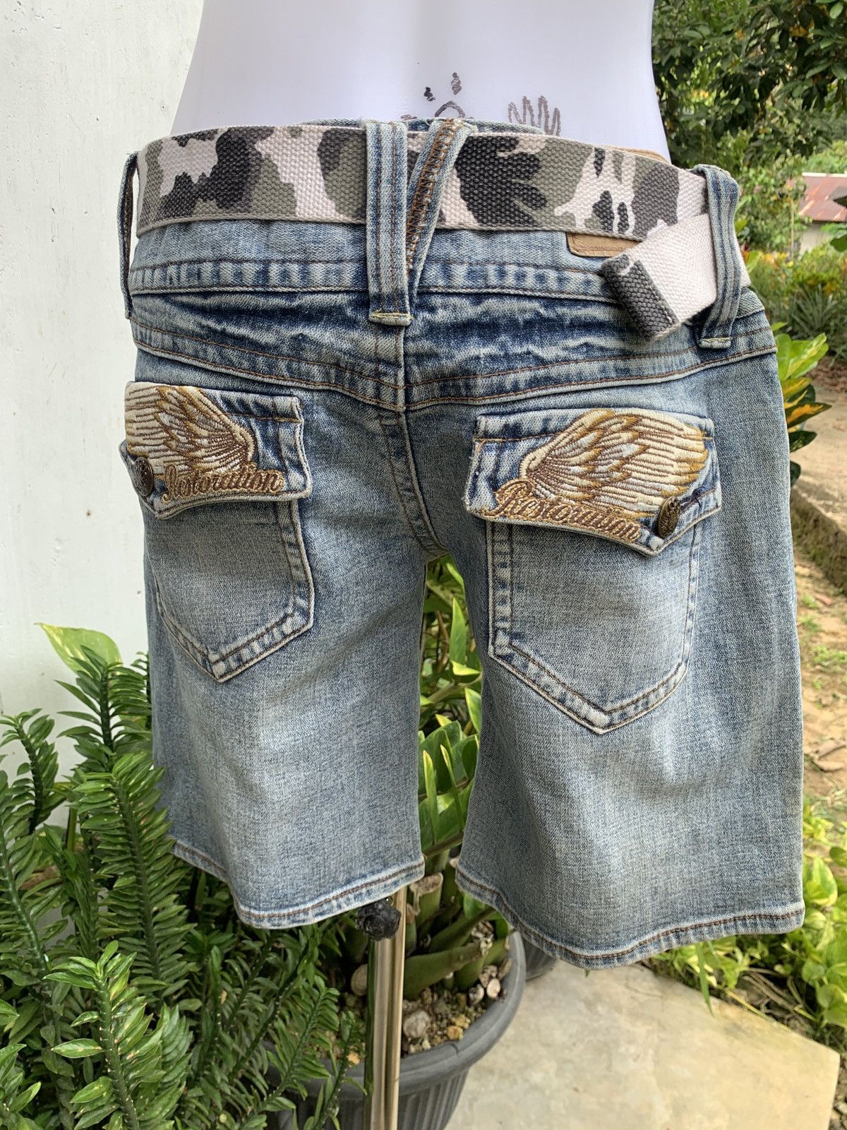 Japanese Brand × Vintage y2k Heaven Wings Skull Motorcycles Big Embroidery Jorts Size 31" - 4 Thumbnail