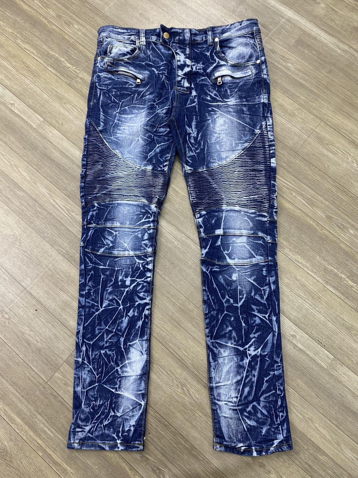 Japanese Brand Japanese Acid Wash Blue Balmain Style Bikers Pants Size US 34 / EU 50 - 1 Thumbnail