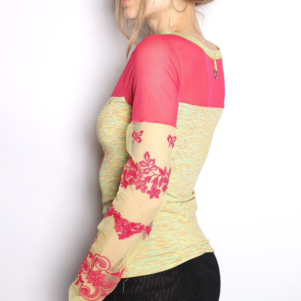 Other Save the Queen Pink Yellow Printed Top Mesh Sleeve Size S / US 4 / IT 40 - 2 Thumbnail