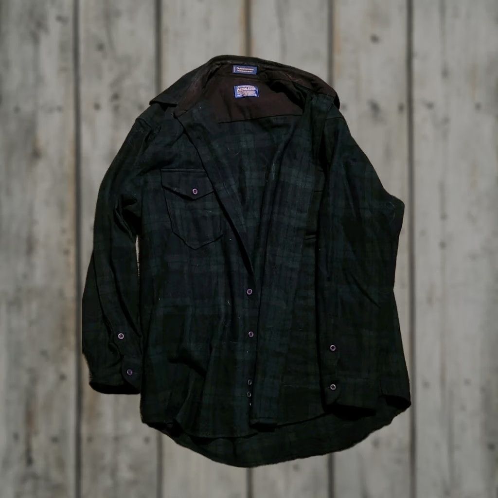 Pendleton VINTAGE Pendleton Board Shirt Shirt Plaid Green Wool Button-Up 60s Regular Mens Large Collar Spread Long Sleeve - Vintage 1960s Size US S / EU 44-46 / 1 - 1 Thumbnail