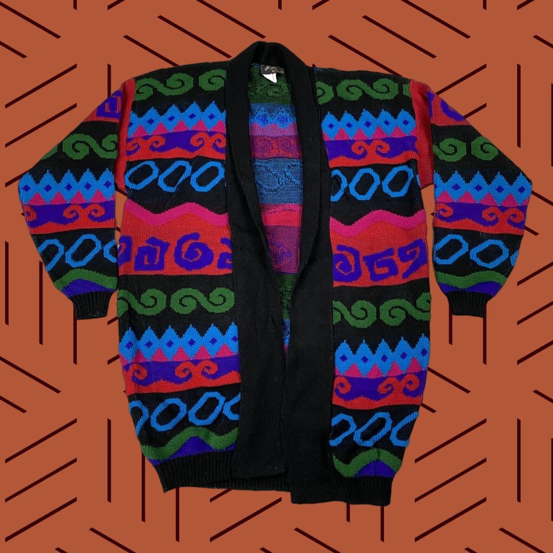 Vintage VINTAGE Jacquelyn by Browne Cardigan Open Front Geometric Abstract Black Red Purple Women One Size Regular Knit Falls Spring Winter Females Size ONE SIZE - 1 Thumbnail