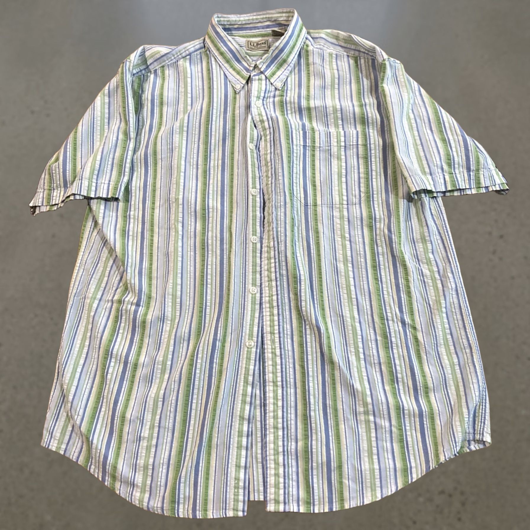 Vintage LL Bean Shirt Mens L Button-Up Short Sleeve Striped Seersucker Blue Green Button-Front Casual Travel Size US L / EU 52-54 / 3 - 1 Thumbnail