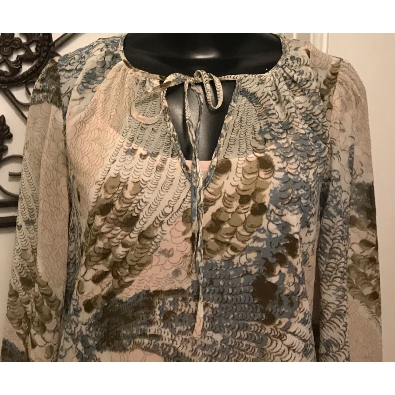 Vintage XS Context Sheer Blouse Cami Tan Blue Womens Camisole Peasant Pullover 100% Polyester Dress? Size XS / US 0-2 / IT 36-38 - 2 Thumbnail