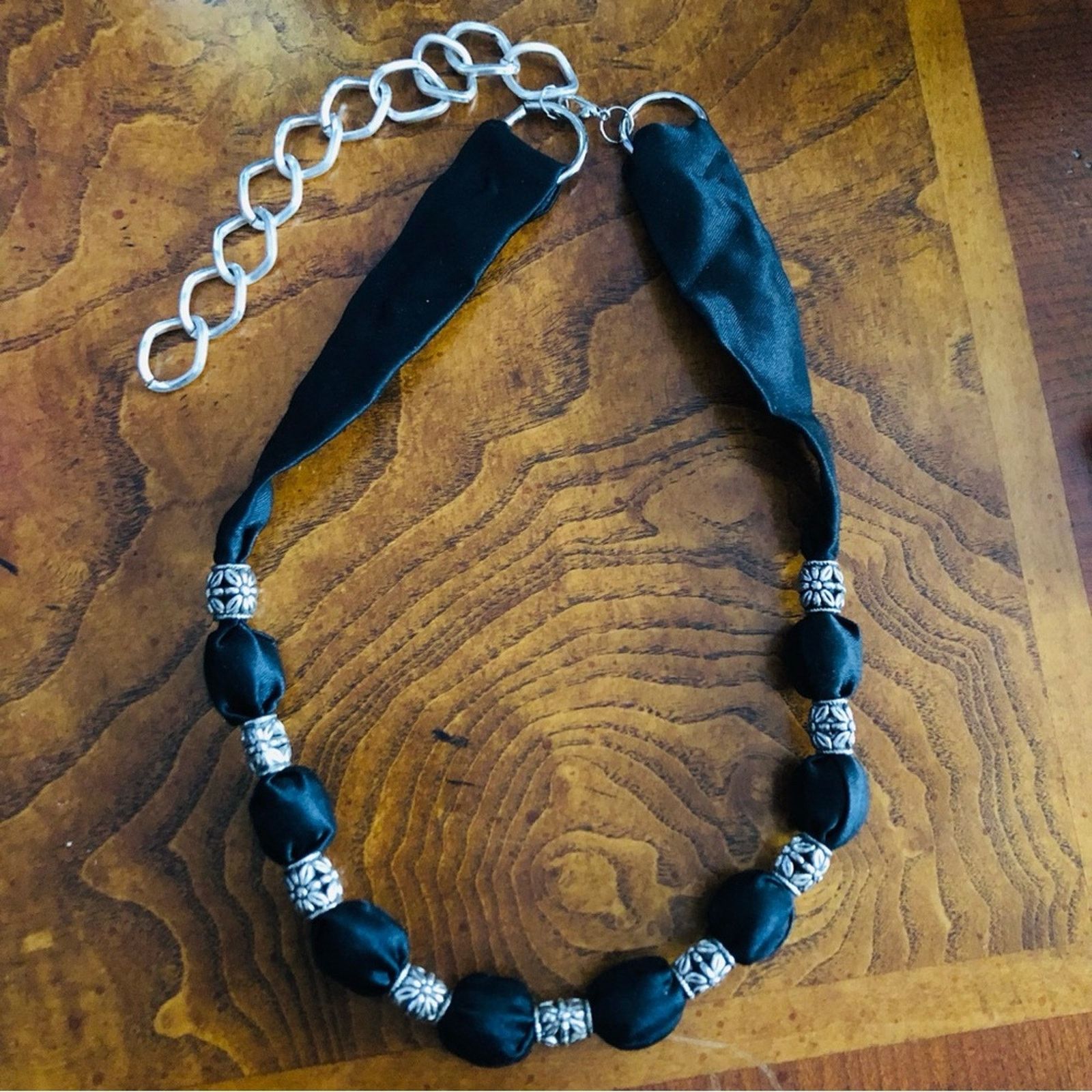 Handmade Country Girl black satin fabric covered bead necklace Size ONE SIZE - 5 Thumbnail