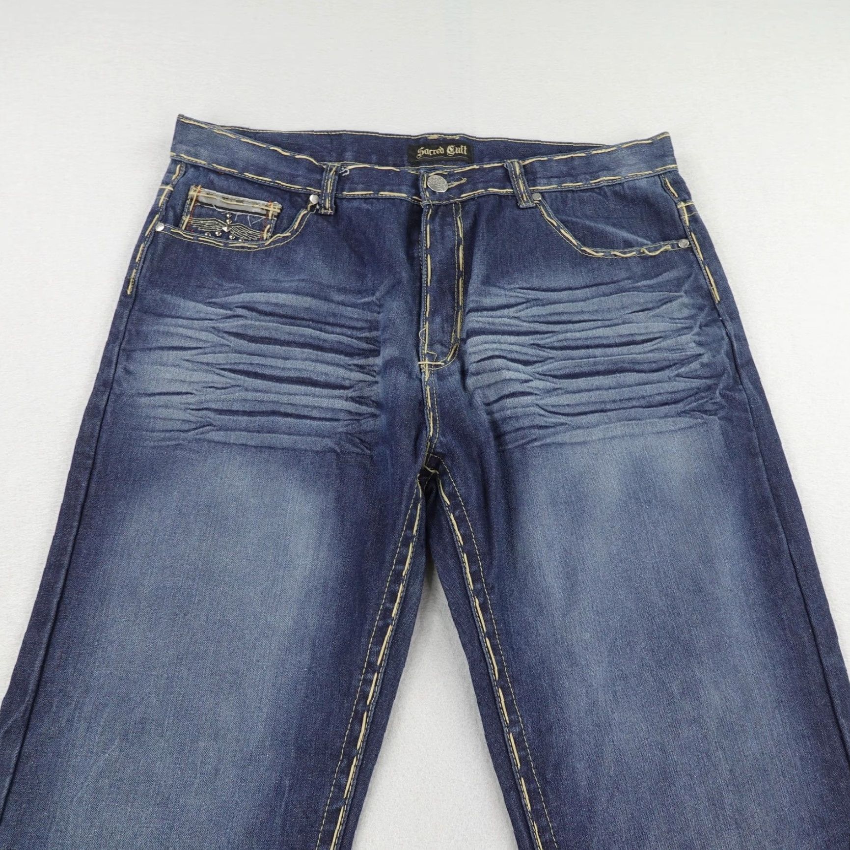 Denime VINTAGE Sacred Cult Jeans Men 40x33 Denim Baggy Straight Embroidered Y2K Blue Mens 40x33 Size US 40 / EU 56 - 2 Thumbnail