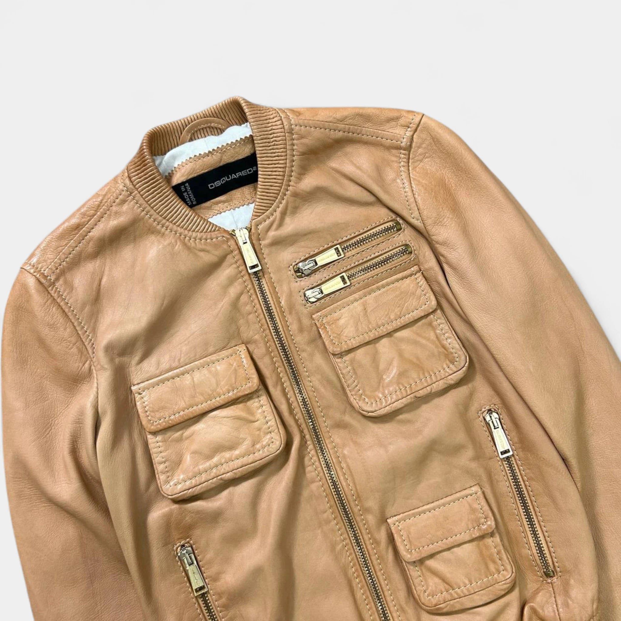 Dsquared2 Dsquared2 Beige Leather Cargo Bomber Jacket Size XS / US 0-2 / IT 36-38 - 2 Thumbnail