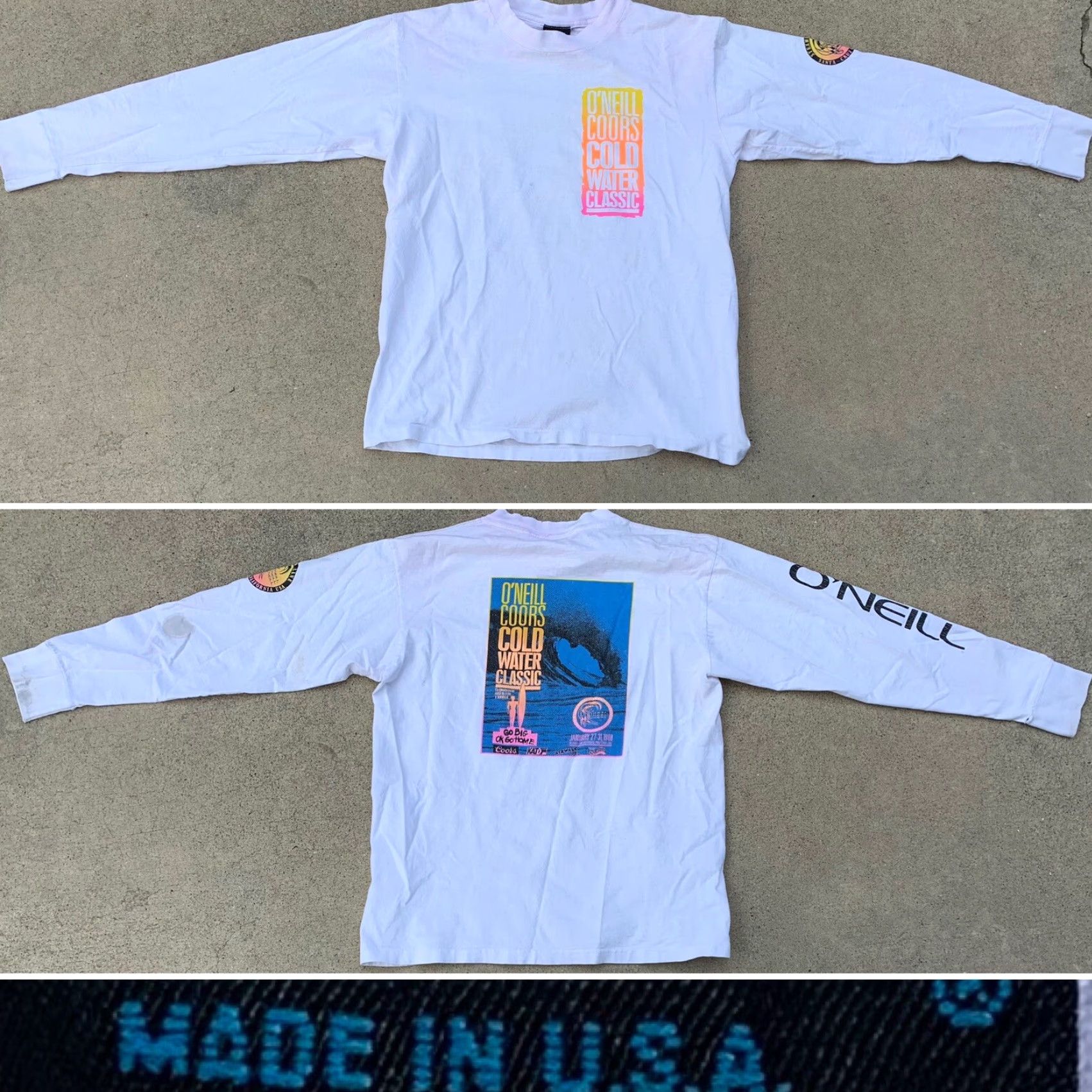 Vintage VINTAGE O’Neill T-Shirt Long Sleeve Surf 1988 Coors Cold Water Classic White Cotton Mens L 80s Beach California Graphic Print Size US L / EU 52-54 / 3 - 3 Thumbnail