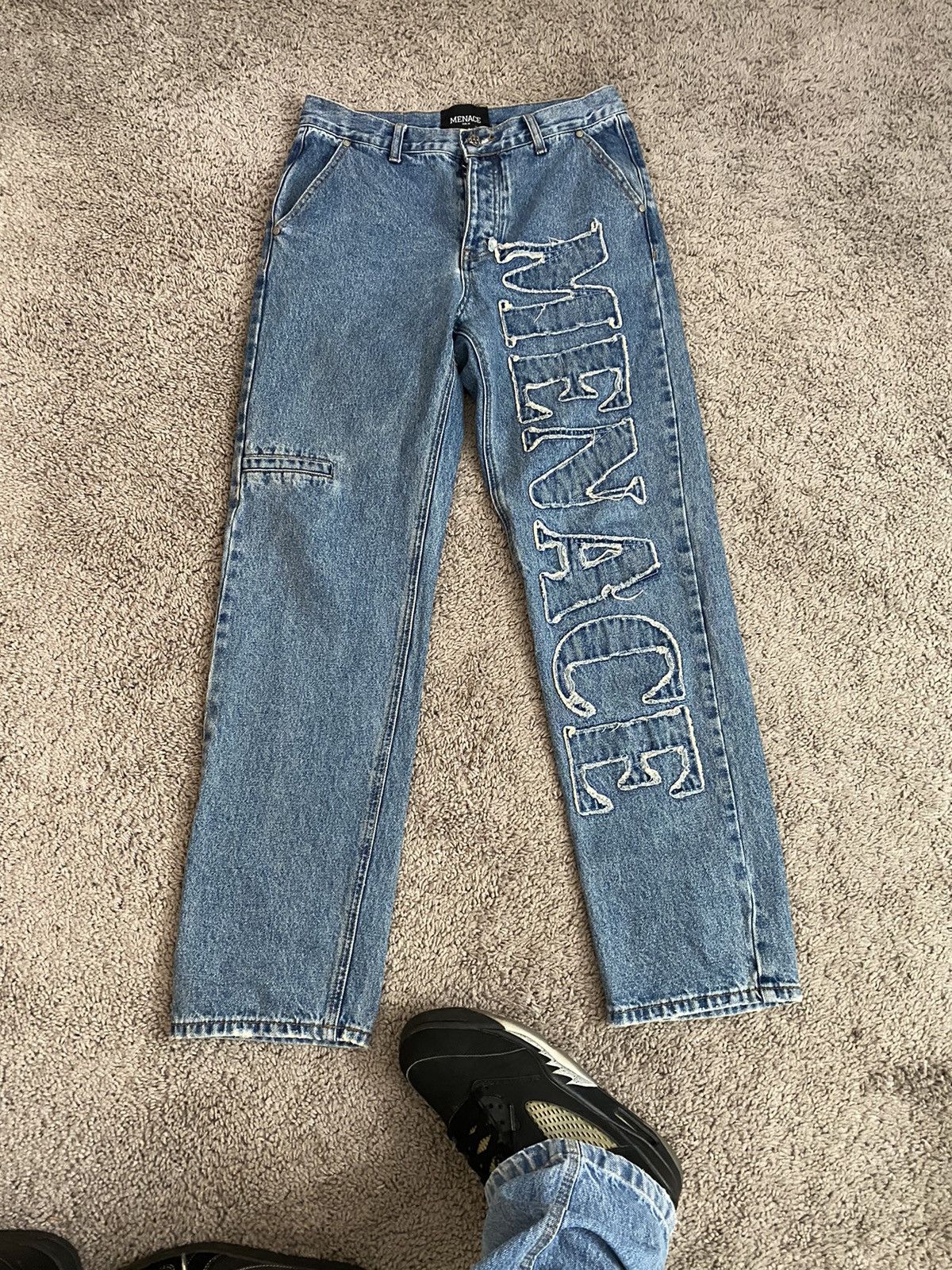 Menace distressed stencil denim pants blue