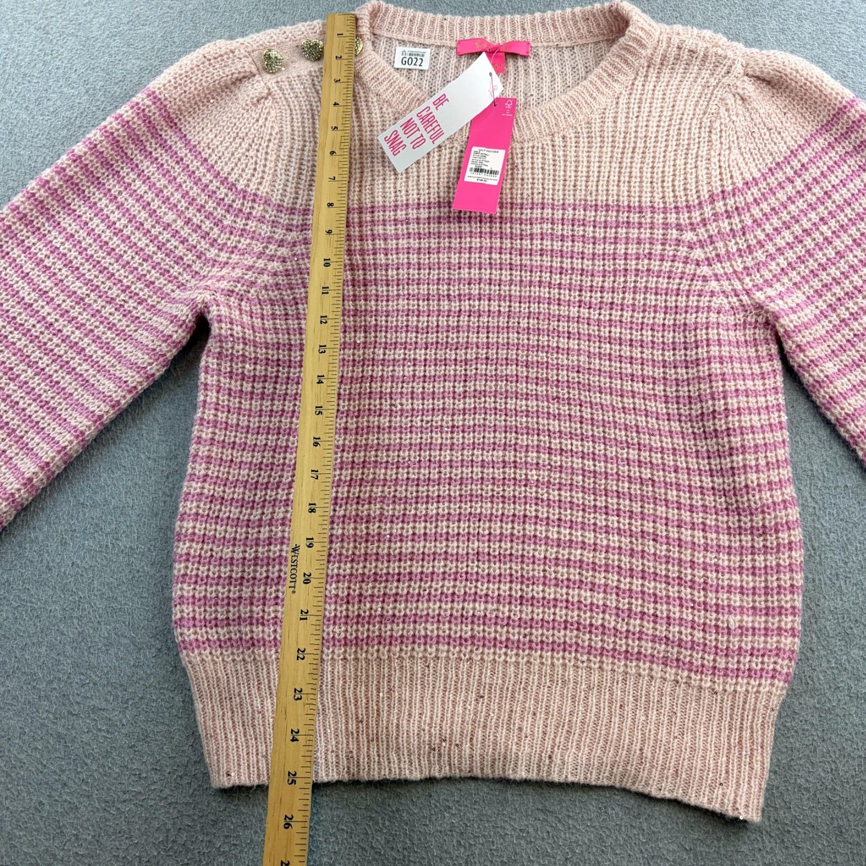 Lilly Pulitzer Lilly Pulitzer Sweater Womens Large Pink Stripe Finley Sequin Balloon Sleeve Top Size L / US 10 / IT 46 - 3 Thumbnail