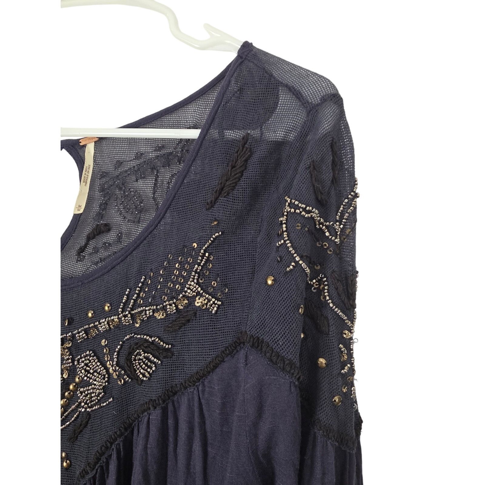 Free People Free People Beaded Boho Long Sleeve Top M Womens Boat Neck Size M / US 6-8 / IT 42-44 - 3 Thumbnail