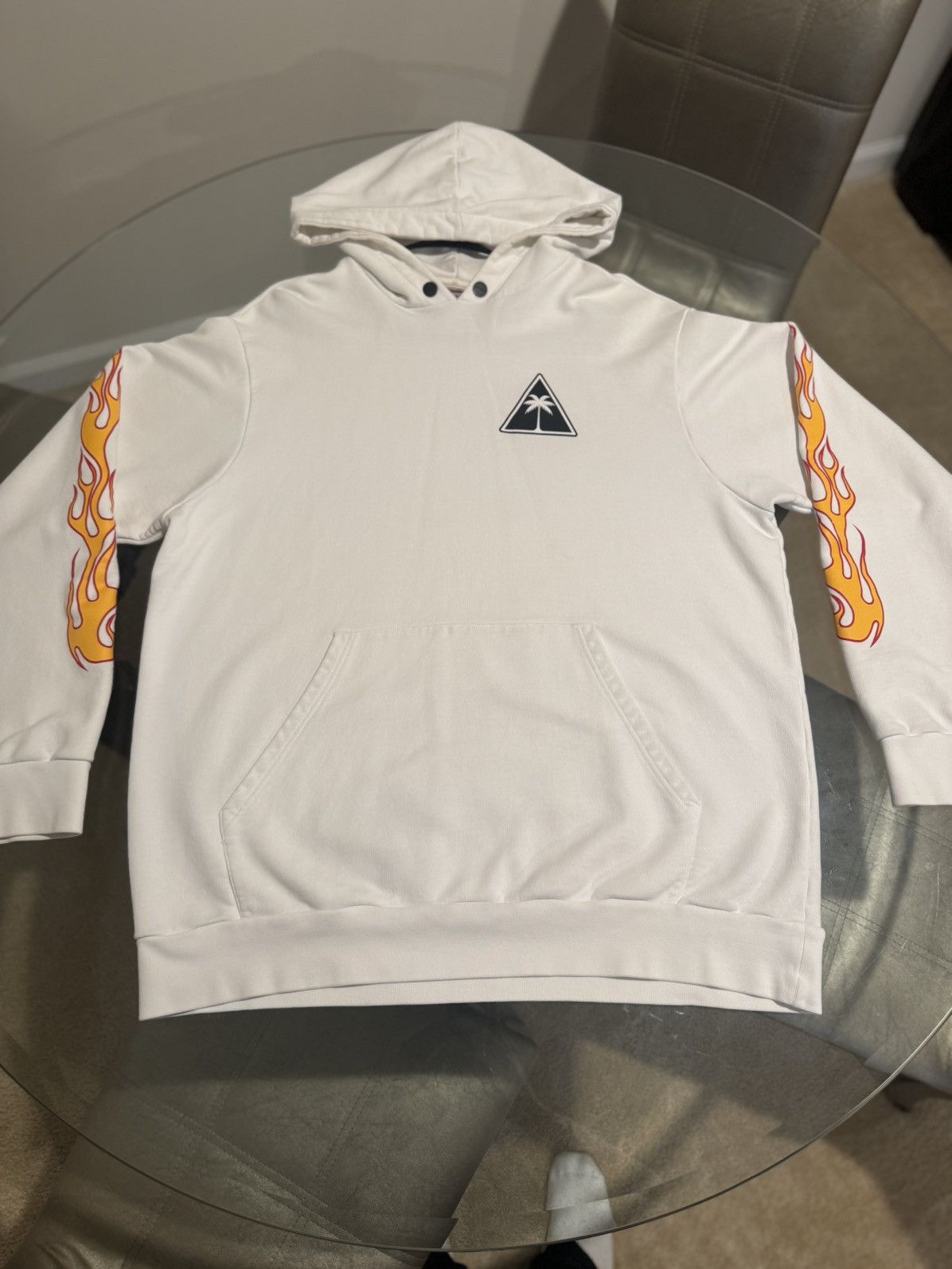 image of Palm Angels Graffiti Flames Hoodie in White, Men's (Size XL)