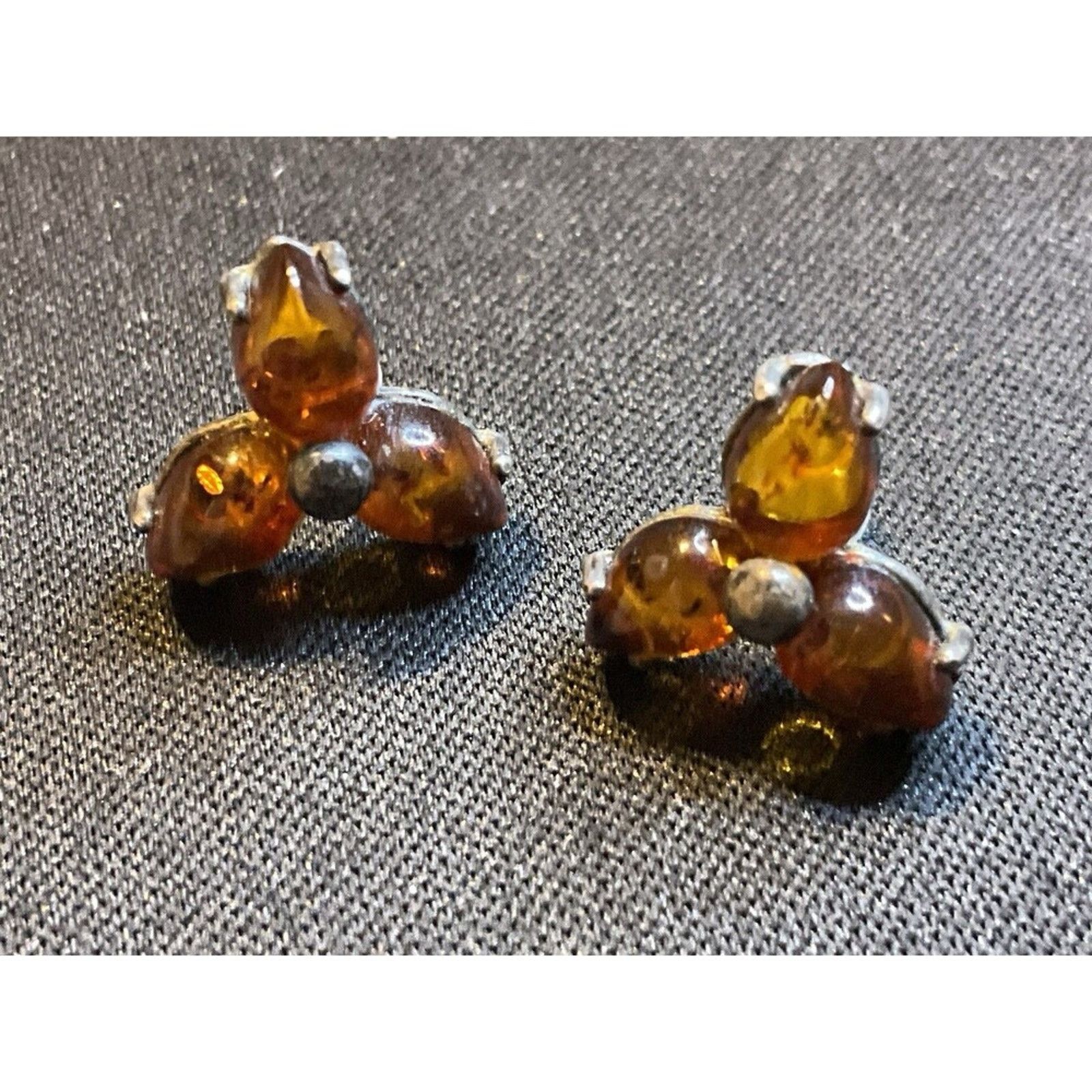 Other 925 Sterling Silver Amber Flower Post Earrings Size ONE SIZE - 2 Thumbnail