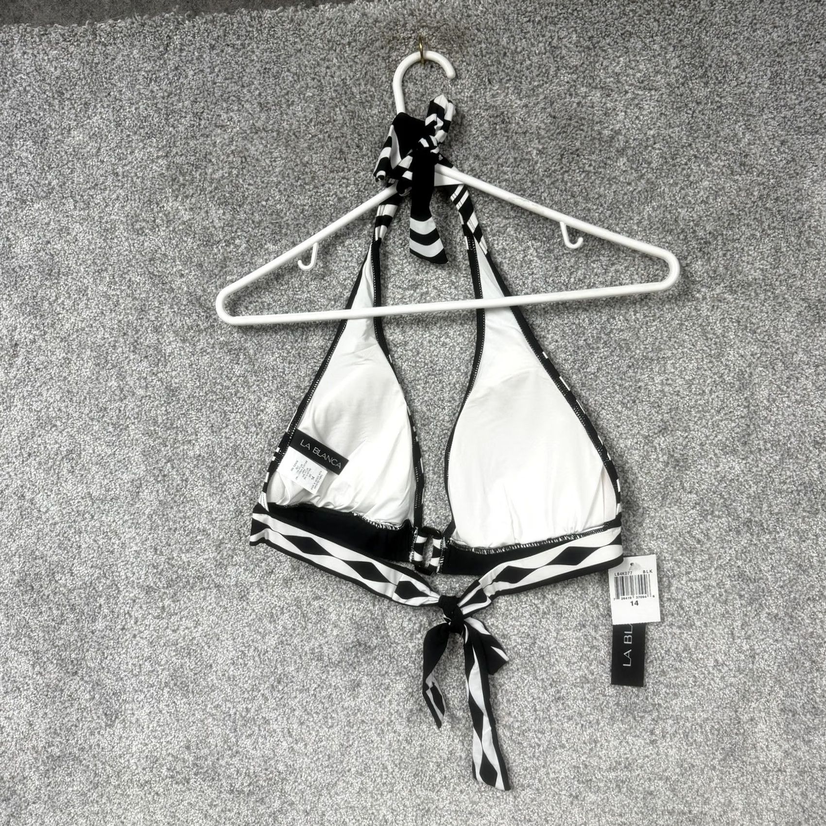 Vintage La Blanca Bikini Top 14 Black White Stripe Halter Triangle Padded Lined Stretch Swim Top Womens Size XL / US 12-14 / IT 48-50 - 6 Thumbnail