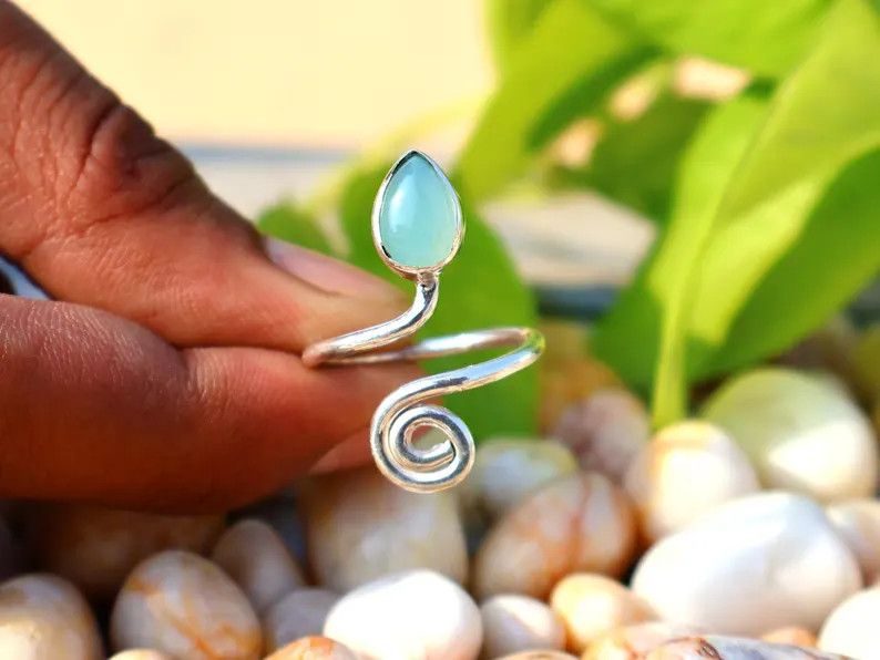Handmade Chalcedony Ring, Handmade Pear Gemstone, March Birthstone Size ONE SIZE - 3 Thumbnail